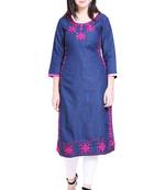 Blue embroidered cotton kurtas-and-kurtis