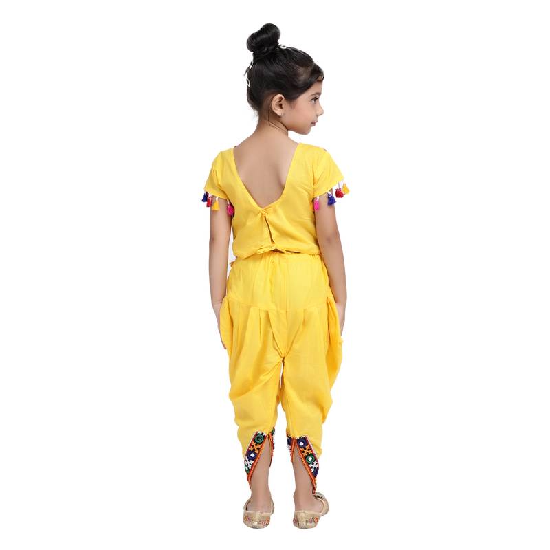 Yellow Embroidered Choli With Dhoti For Girls