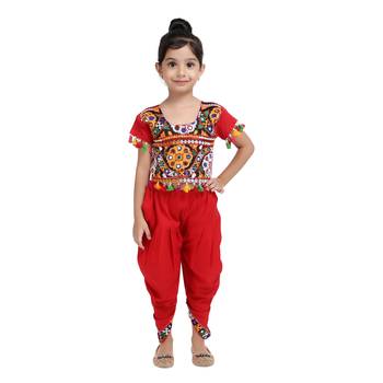 Red Embroidered Choli With Dhoti For Girls 1