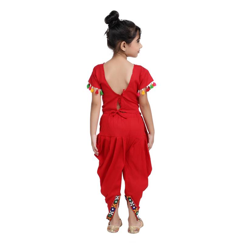 Red Embroidered Choli With Dhoti For Girls