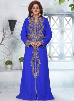 Ink Blue Georgette Hand Embroidered Kaftan With Hijab 1