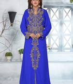 Ink Blue Georgette Hand Embroidered Kaftan With Hijab