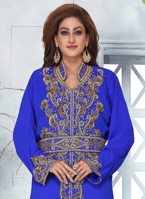 Ink Blue Georgette Hand Embroidered Kaftan With Hijab 2