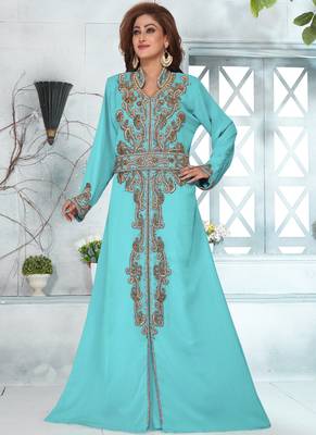 Aqua Blue Georgette Bead Work Kaftan 1