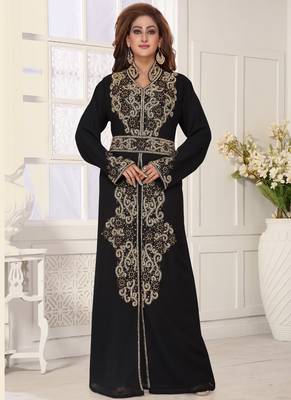 Black embroidered georgette islamic-kaftans With Sun-proof hijab 1