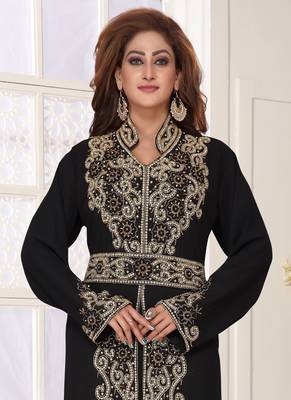 Black embroidered georgette islamic-kaftans With Sun-proof hijab 2