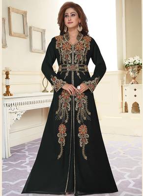 Black embroidered georgette islamic-kaftans With Sun-proof hijab 1