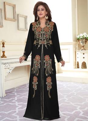 Black embroidered georgette islamic-kaftans With Sun-proof hijab 2