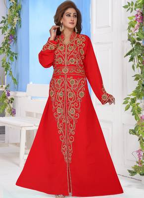 Red embroidered georgette islamic-kaftans With Sun-proof hijab 1