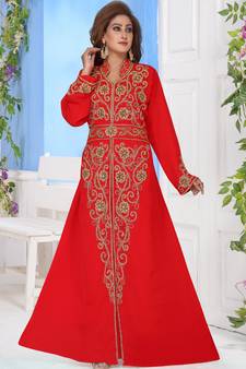 Red embroidered georgette islamic-kaftans With Sun-proof hijab.