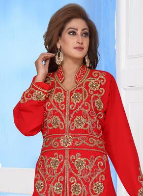 Red embroidered georgette islamic-kaftans With Sun-proof hijab 2