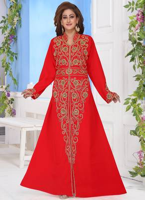 Red embroidered georgette islamic-kaftans With Sun-proof hijab 3