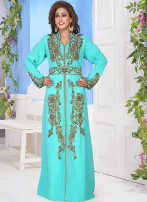 Turquoise embroidered georgette islamic-kaftans With Sun-proof hijab 1