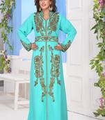 Turquoise embroidered georgette islamic-kaftans With Sun-proof hijab.