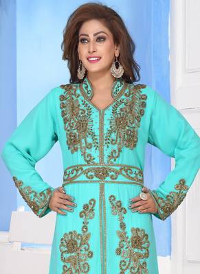 Turquoise embroidered georgette islamic-kaftans With Sun-proof hijab 2