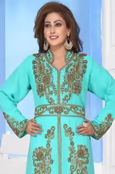 Turquoise embroidered georgette islamic-kaftans With Sun-proof hijab