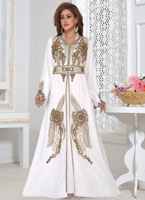 White embroidered georgette islamic-kaftans With Sun-proof hijab 3