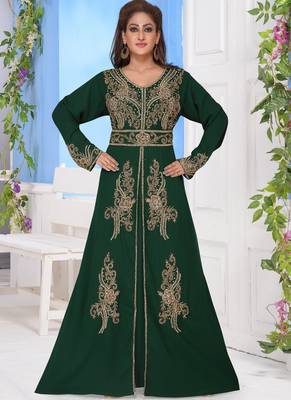 Green embroidered georgette islamic-kaftans With Sun-proof hijab 1