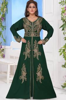 Green embroidered georgette islamic-kaftans With Sun-proof hijab.