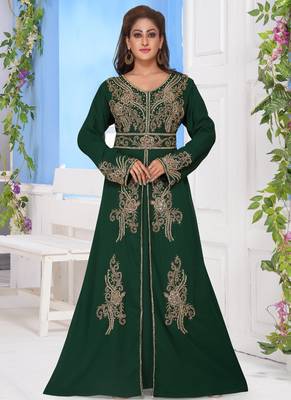 Green embroidered georgette islamic-kaftans With Sun-proof hijab 3