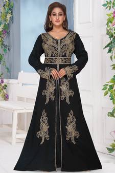 Black embroidered georgette islamic-kaftans With Sun-proof hijab.