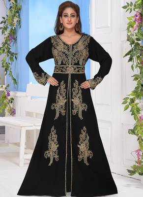 Black embroidered georgette islamic-kaftans With Sun-proof hijab 2