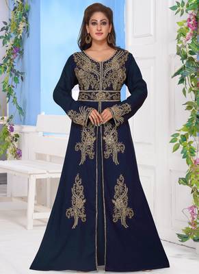 Blue embroidered georgette islamic-kaftans With Sun-proof hijab 1