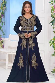 Blue embroidered georgette islamic-kaftans With Sun-proof hijab.