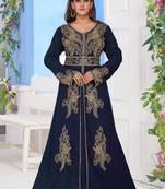 Blue embroidered georgette islamic-kaftans With Sun-proof hijab.