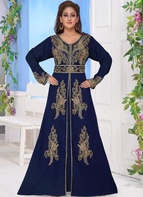 Blue embroidered georgette islamic-kaftans With Sun-proof hijab 2