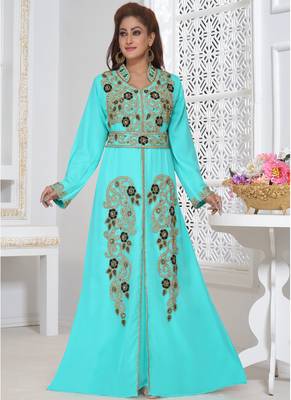 Turquoise embroidered georgette islamic-kaftans With Sun-proof hijab 1
