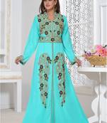 Turquoise embroidered georgette islamic-kaftans With Sun-proof hijab.