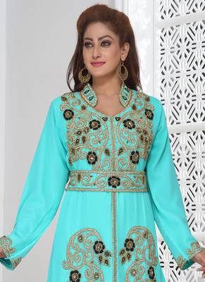 Turquoise embroidered georgette islamic-kaftans With Sun-proof hijab 2