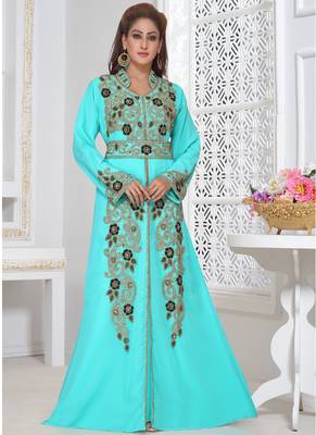 Turquoise embroidered georgette islamic-kaftans With Sun-proof hijab 3