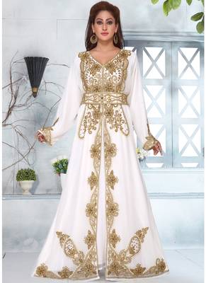 White embroidered georgette islamic-kaftans With Sun-proof hijab 1