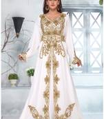 White embroidered georgette islamic-kaftans With Sun-proof hijab.