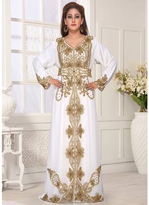 White embroidered georgette islamic-kaftans With Sun-proof hijab 3
