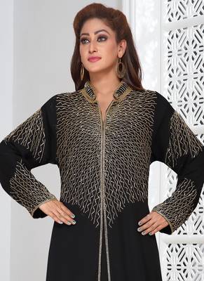 Black embroidered georgette islamic-kaftans With Sun-proof hijab 2