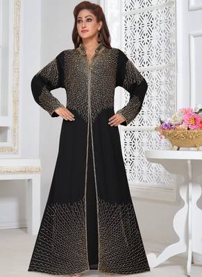 Black embroidered georgette islamic-kaftans With Sun-proof hijab 3