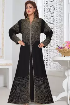Black embroidered georgette islamic-kaftans With Sun-proof hijab