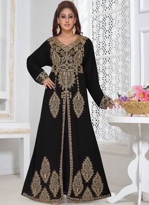 Black embroidered georgette islamic-kaftans with hijab 1