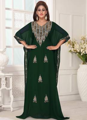Green embroidered georgette islamic-kaftans With Sun-proof hijab 2