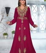 Magenta embroidered georgette islamic-kaftans With Sun-proof hijab.