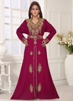 Magenta embroidered georgette islamic-kaftans With Sun-proof hijab 3