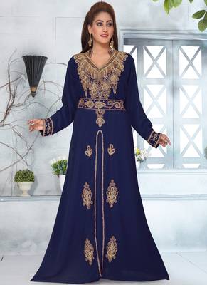 Blue embroidered georgette islamic-kaftans With Sun-proof hijab 1