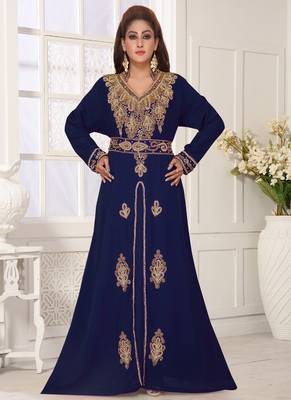 Blue embroidered georgette islamic-kaftans With Sun-proof hijab 2