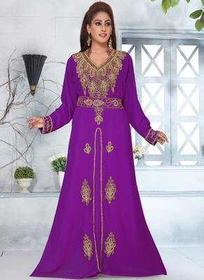 Purple embroidered georgette islamic-kaftans with hijab 1