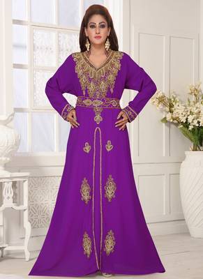 Purple embroidered georgette islamic-kaftans with hijab 2