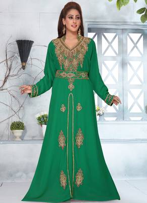 Green embroidered georgette islamic-kaftans With Sun-proof hijab 1