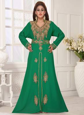 Green embroidered georgette islamic-kaftans With Sun-proof hijab 2